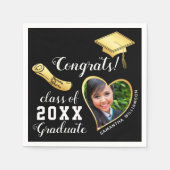 2025年のブラックと金ゴールドクラス写真卒業 スタンダードカクテルナプキン (正面)