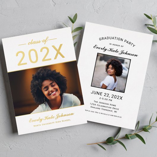 2025年のモダン金ゴールドエレガント写真の卒業 箔招待状