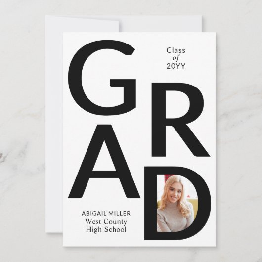 2025年の写真卒業の白黒GRADクラス 案内状 (正面)