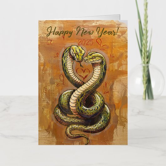 2025年の新年の願い木のスネークカード 箔グリーティングカード (正面)