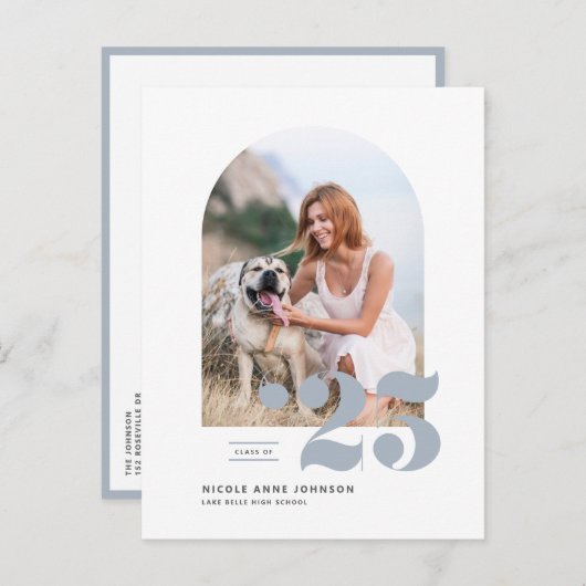 2025年のArch写真卒業のDusty Blue Class インビテーションポストカード (正面/裏面)