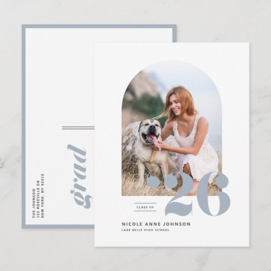 2025年のArch写真卒業のDusty Blue Class インビテーションポストカード (正面/裏面)