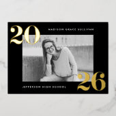 2025年はっきりしたのクラスの黒と金ゴールドの写真卒業 箔招待状 (正面)