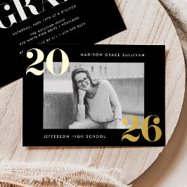 2025年はっきりしたのクラスの黒と金ゴールドの写真卒業 箔招待状