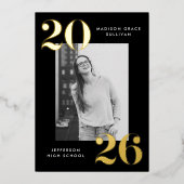 2025年はっきりしたのクラスの黒と金ゴールドの写真卒業 箔招待状 (正面)