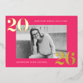 2025年はっきりしたのホットピンク写真卒業クラス 箔招待状 (正面)