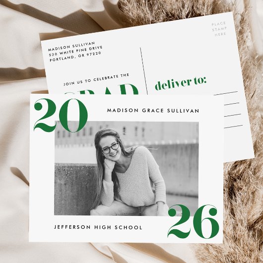 2025年はっきりしたグリーン写真卒業パーティーのクラス インビテーションポストカード