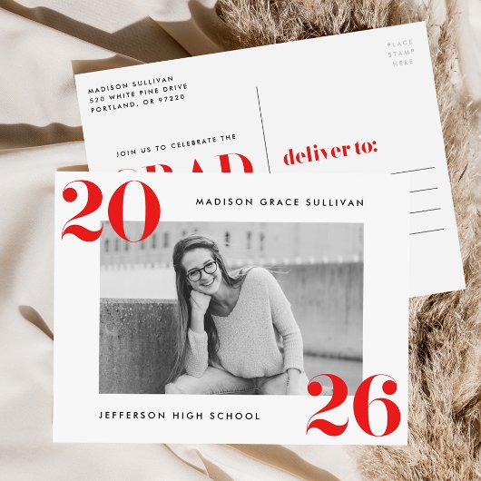 2025年はっきりした赤写真卒業パーティーのクラス インビテーションポストカード