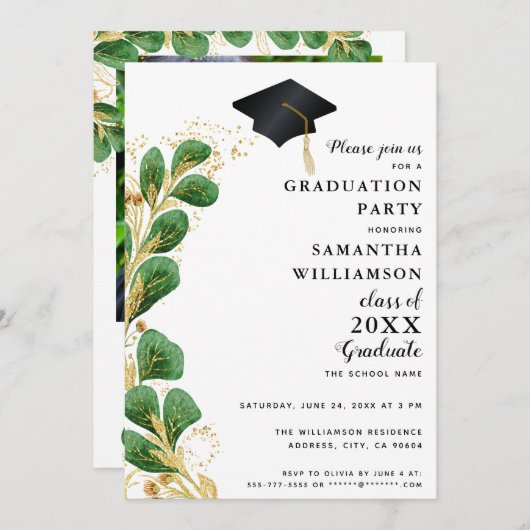 2025年エレガントのグリーンリー写真卒業 招待状 (正面/裏面)