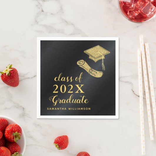 2025年エレガントクラスのブラックと金ゴールドの卒業 スタンダードカクテルナプキン (インサイチュ)