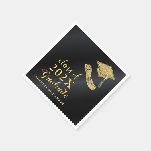 2025年エレガントクラスのブラックと金ゴールドの卒業 スタンダードカクテルナプキン (角)