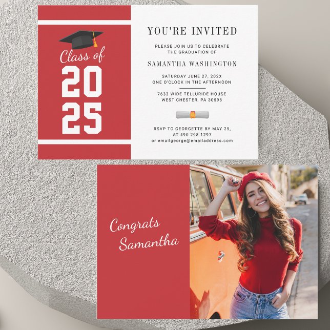 2025年エレガント写真卒業招待状 (Graduation Red and White Photo Invitation)