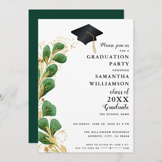 2025年エレガント卒業の緑のクラスモダン 招待状 (正面/裏面)