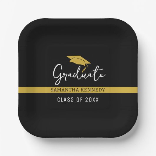 2025年エレガント卒業キャップのブラック&金ゴールドクラス ペーパープレート (正面)
