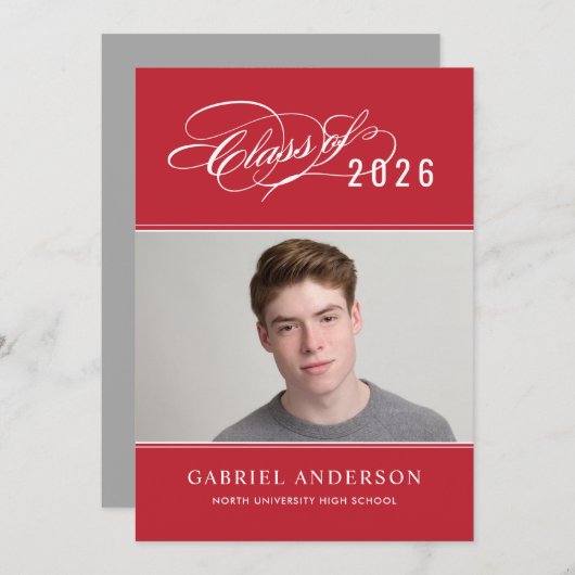 2025年エレガント赤写真卒業パーティーIのクラス 招待状 (正面/裏面)