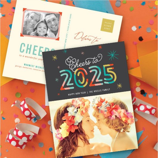 2025年カラフル星への応援ハッピーニューイヤー写真 シーズンポストカード