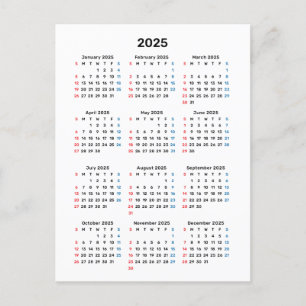 2025年カレンダカード:日曜日スタート、白黒 ポストカード