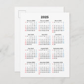 2025年カレンダカード:日曜日スタート、白黒 ポストカード (正面/裏面)