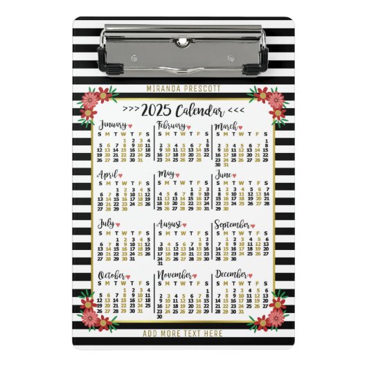 2025年カレンダーかわいいフローラストライプ | カスタム ミニクリップボード (正面)