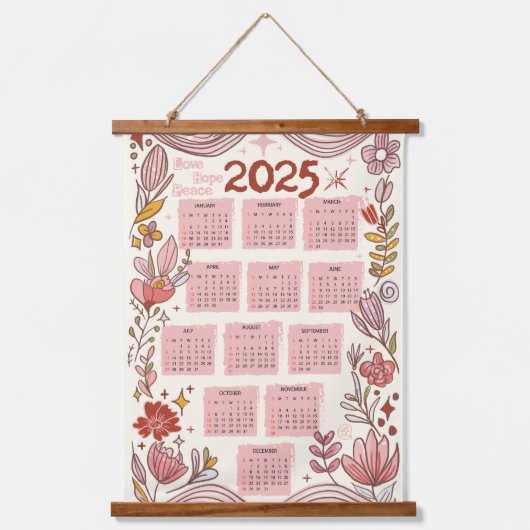 2025年カレンダーフローラ愛、希望、平和 吊り下げ型タペストリー (正面)