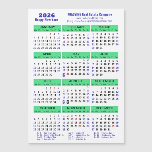 2025年カレンダーブルーグリーン企業の磁気カード (正面)