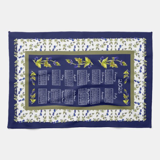 2025年カレンダーブルーベリー離れ茎付き海軍茶 キッチンタオル (横)