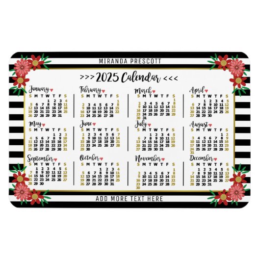 2025年カレンダー年月次フローラストライプ名門私立校風の マグネット (横)