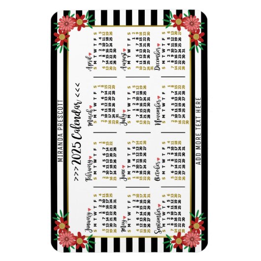 2025年カレンダー年月次フローラストライプ名門私立校風の マグネット (縦)