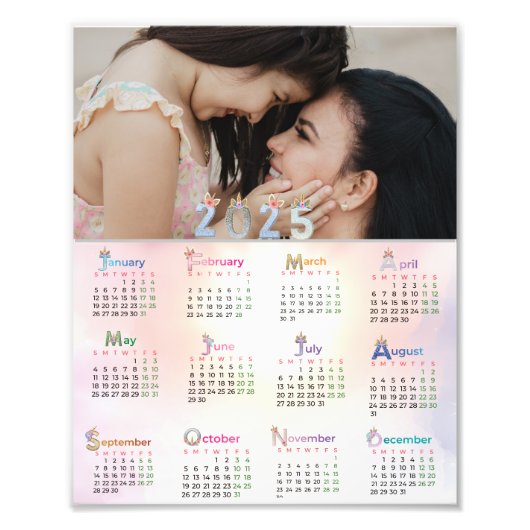 2025年カレンダー水彩ユニコーンピンク虹 フォトプリント            (正面)
