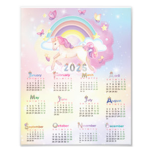 2025年カレンダー水彩ユニコーンピンク虹 フォトプリント