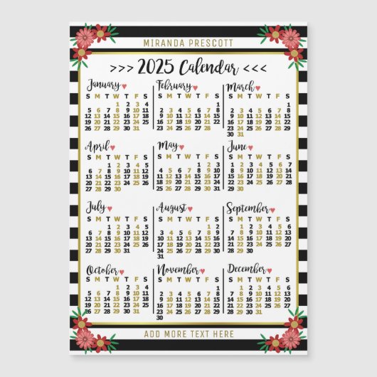 2025年カレンダー黒ストライプフローラ名前をカスタムする マグネット招待状 (正面)