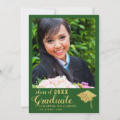 2025年クラスのグリーンと金ゴールド写真の卒業 案内状 (正面)