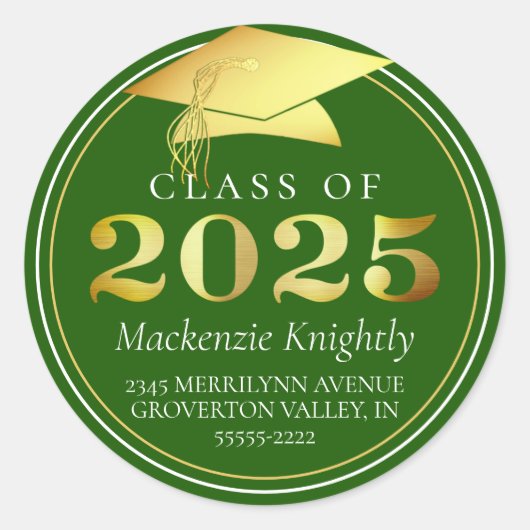 2025年クラスのグリーンエレガント金ゴールド差出人住所 ラウンドシール (正面)