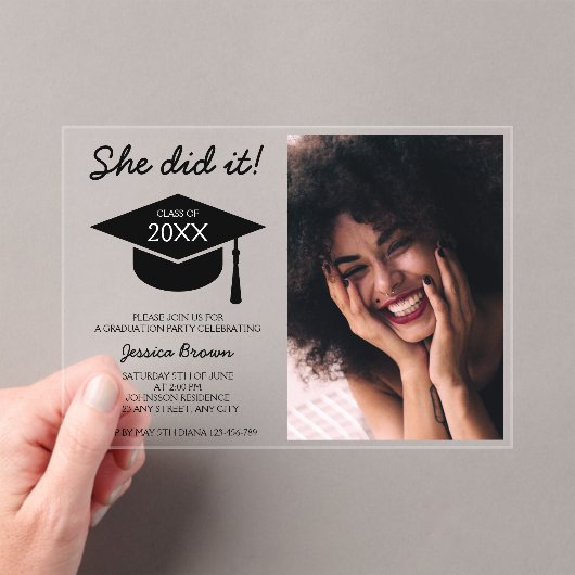 2025年クラスのシックなミニマリスト写真卒業 アクリル招待状 (インサイチュ (ポータブル))