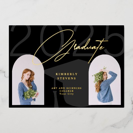 2025年クラスのミニマエレガントリスト2枚の写真卒業 箔招待状 (正面)