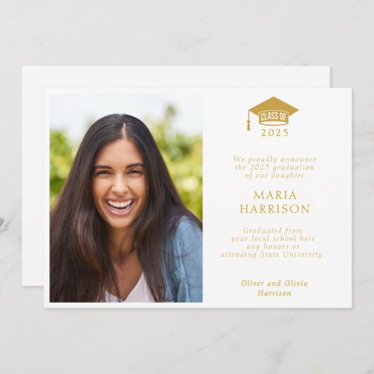 2025年クラスの白と金ゴールドの写真の発表 案内状 (正面/裏面)