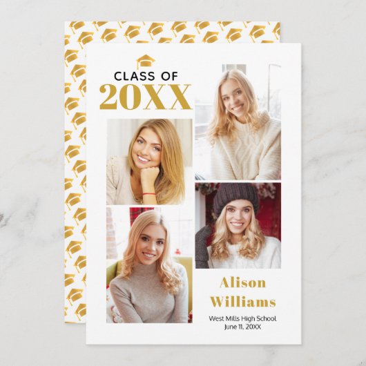 2025年クラスの金ゴールドと白色卒業キャップパーティー 招待状 (正面/裏面)