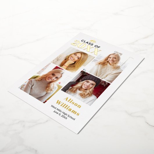 2025年クラスの金ゴールドフォイル卒業4枚の写真 箔招待状 (回転した状態)