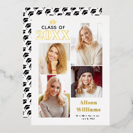 2025年クラスの金ゴールドフォイル卒業4枚の写真 箔招待状