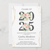 2025年クラスの金ゴールドモダン赤面フローラの卒業 招待状 (正面)