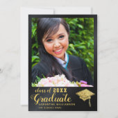 2025年クラスの黒と金ゴールドの写真卒業 案内状 (正面)