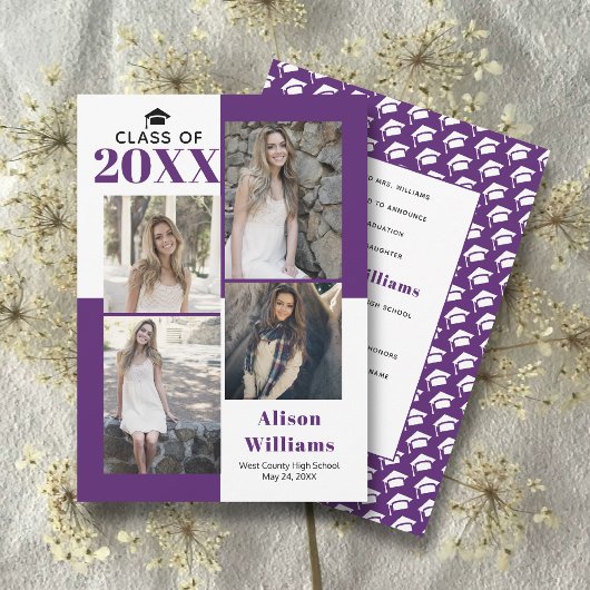 2025年クラスの4枚の写真パープル卒業 案内状