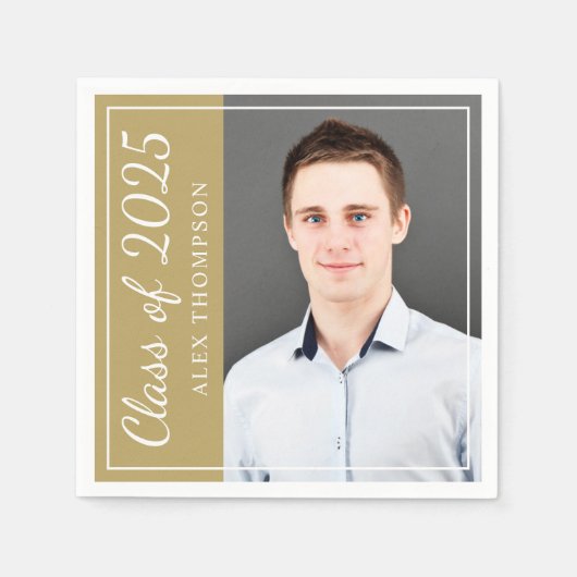 2025年クラスアンティーク金ゴールド卒業パーティー写真 スタンダードカクテルナプキン (正面)
