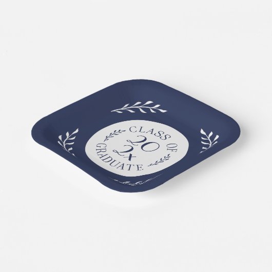 2025年クラス卒業シックな海軍ホワイトボタニカル ペーパープレート (傾斜あり)
