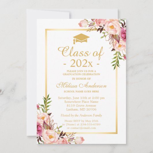 2025年クラス卒業シックエレガントフローラ金ゴールド 招待状 (正面)