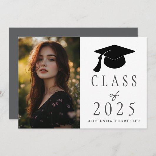 2025年クラス卒業モダン帽子の写真 招待状 (正面/裏面)