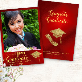 2025年クラス赤と金ゴールド写真卒業 案内状