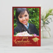 2025年クラス赤と金ゴールド写真卒業 案内状 (スタンド正面)