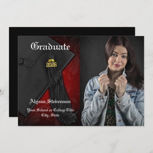 2025年クラス赤タッセル写真卒業 招待状 (正面/裏面)