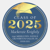 2025年クラス青エレガント金ゴールド差出人住所 ラウンドシール (正面)